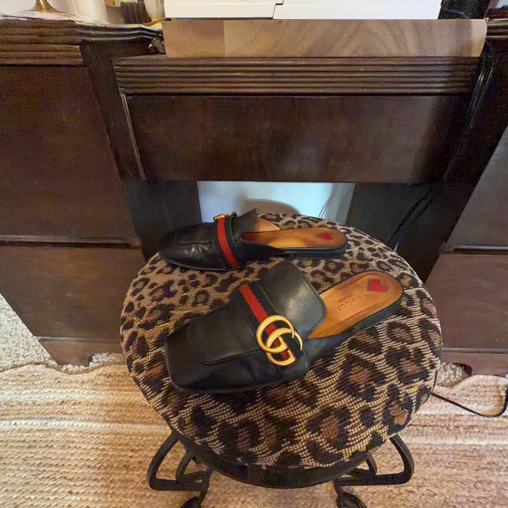 Gucci Black Leather Mules with Red-black Web and Gold Double G - Picture 4 of 11